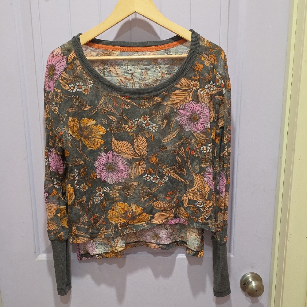 Pilcro Floral Long Sleeve Top - Gray, Pink, Orange